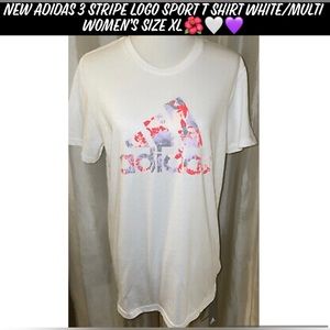 🎉HP🎉New Adidas 3 Stripe Logo Sport T Shirt White/Multi Women’s Size XL🌺🤍💜